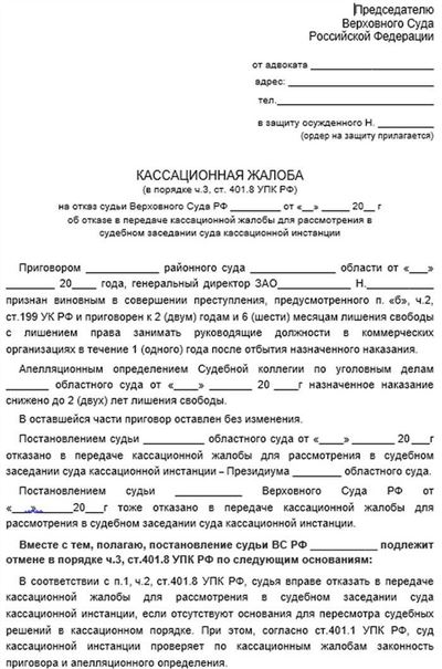 Требования к форме жалобы после первой кассации в Верховный Суд